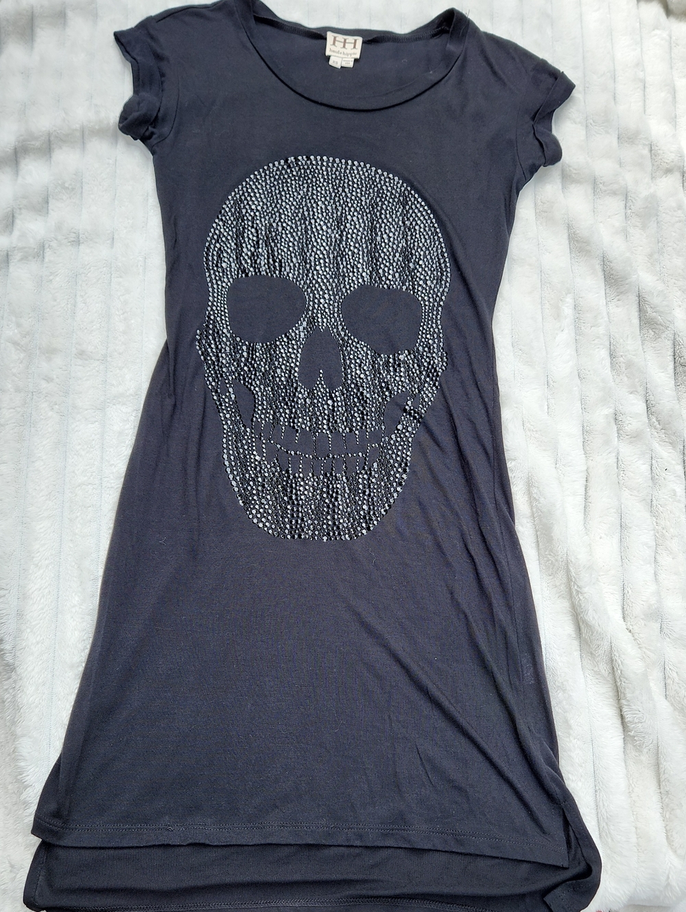 HH Haute Hippie  Black Cap-Sleeve Dress With Black Rhinestone Skull - Womens XS